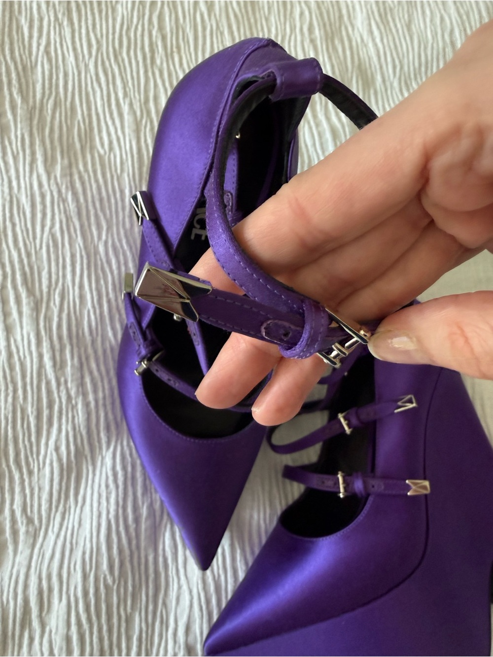 Versace Tempest Deep Purple Satin Platform Pumps - Picture 8 of 14